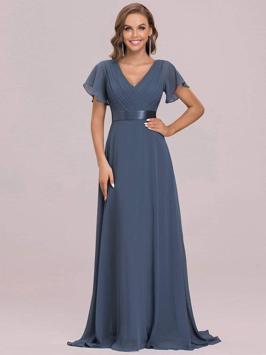 COLOR=Dusty Navy | Long Empire Waist Evening Dress With Short Flutter Sleeves-Dusty Navy 6