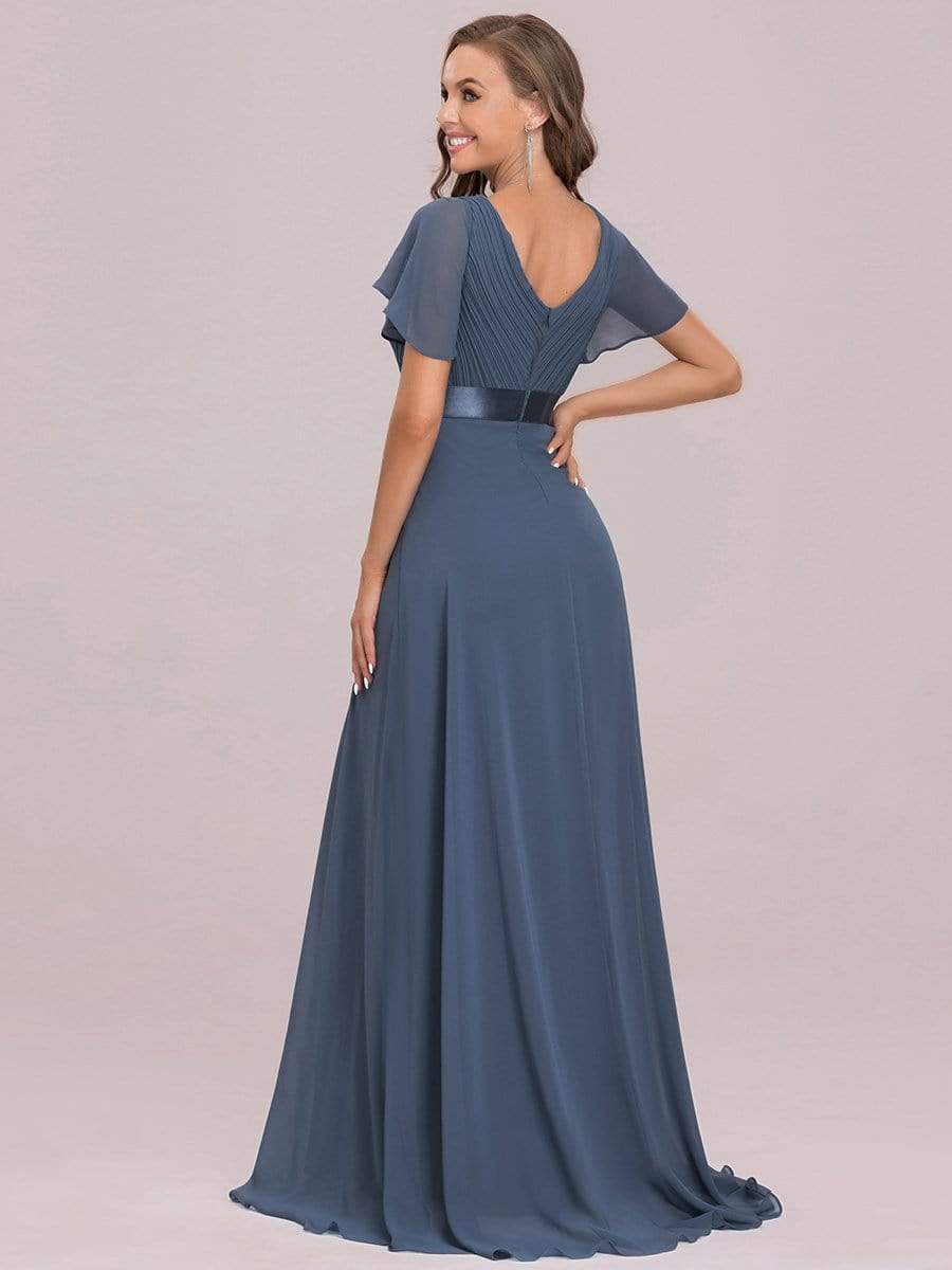 COLOR=Dusty Navy | Long Empire Waist Evening Dress With Short Flutter Sleeves-Dusty Navy 7