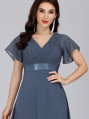 COLOR=Dusty Navy | Long Empire Waist Evening Dress With Short Flutter Sleeves-Dusty Navy 10