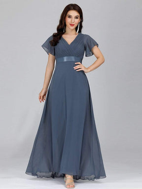 COLOR=Dusty Navy | Long Empire Waist Evening Dress With Short Flutter Sleeves-Dusty Navy 8