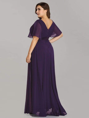 COLOR=Dark Purple | Long Empire Waist Evening Dress With Short Flutter Sleeves-Dark Purple 8