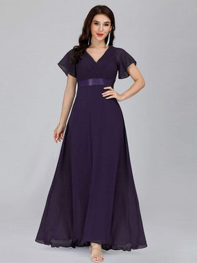 COLOR=Dark Purple | Long Empire Waist Evening Dress With Short Flutter Sleeves-Dark Purple 2