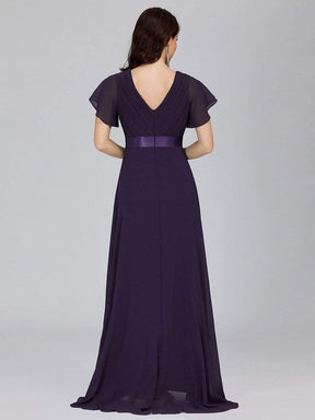 COLOR=Dark Purple | Long Empire Waist Evening Dress With Short Flutter Sleeves-Dark Purple 5