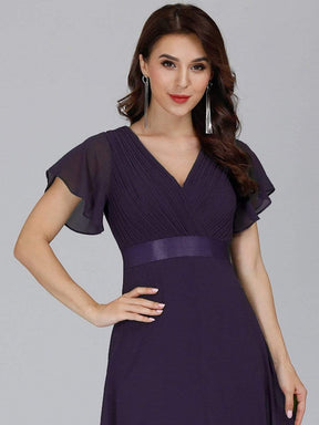 COLOR=Dark Purple | Long Empire Waist Evening Dress With Short Flutter Sleeves-Dark Purple 6