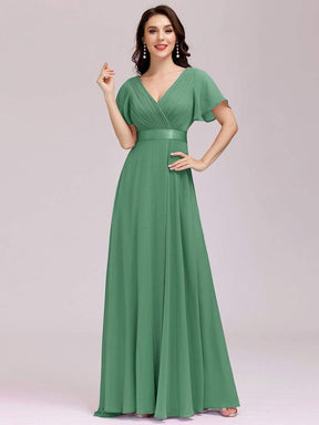 COLOR=Green Bean | Long Empire Waist Evening Dress With Short Flutter Sleeves-Green Bean 1