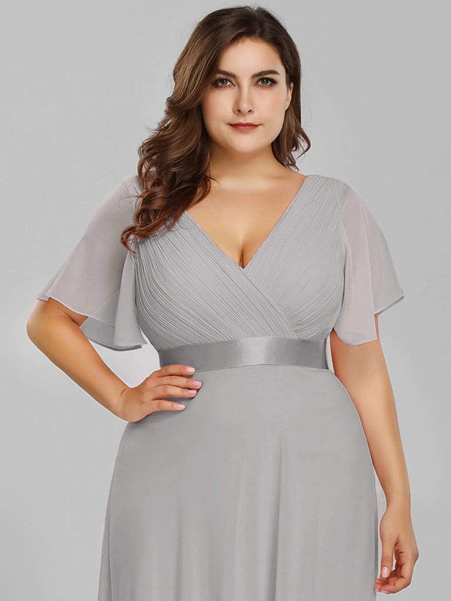 COLOR=Grey | Long Empire Waist Evening Dress With Short Flutter Sleeves-Grey 7