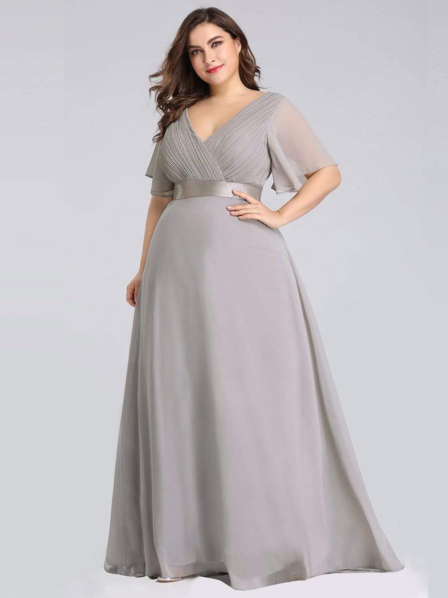 COLOR=Grey | Long Empire Waist Evening Dress With Short Flutter Sleeves-Grey 6