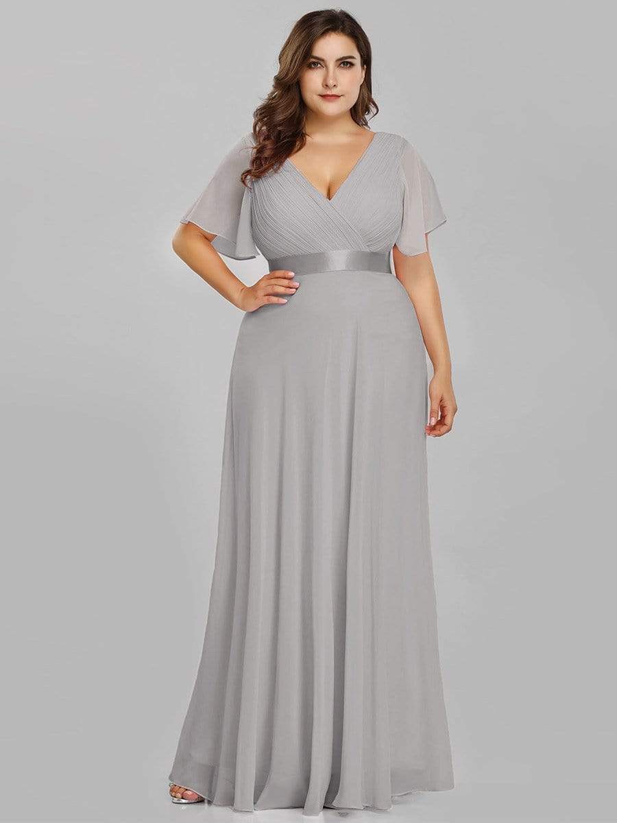 COLOR=Grey | Plus Size Long Empire Waist Evening Dress With Short Flutter Sleeves-Grey 2