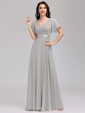 COLOR=Grey | Long Empire Waist Evening Dress With Short Flutter Sleeves-Grey 1