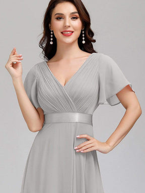 COLOR=Grey | Long Empire Waist Evening Dress With Short Flutter Sleeves-Grey 5