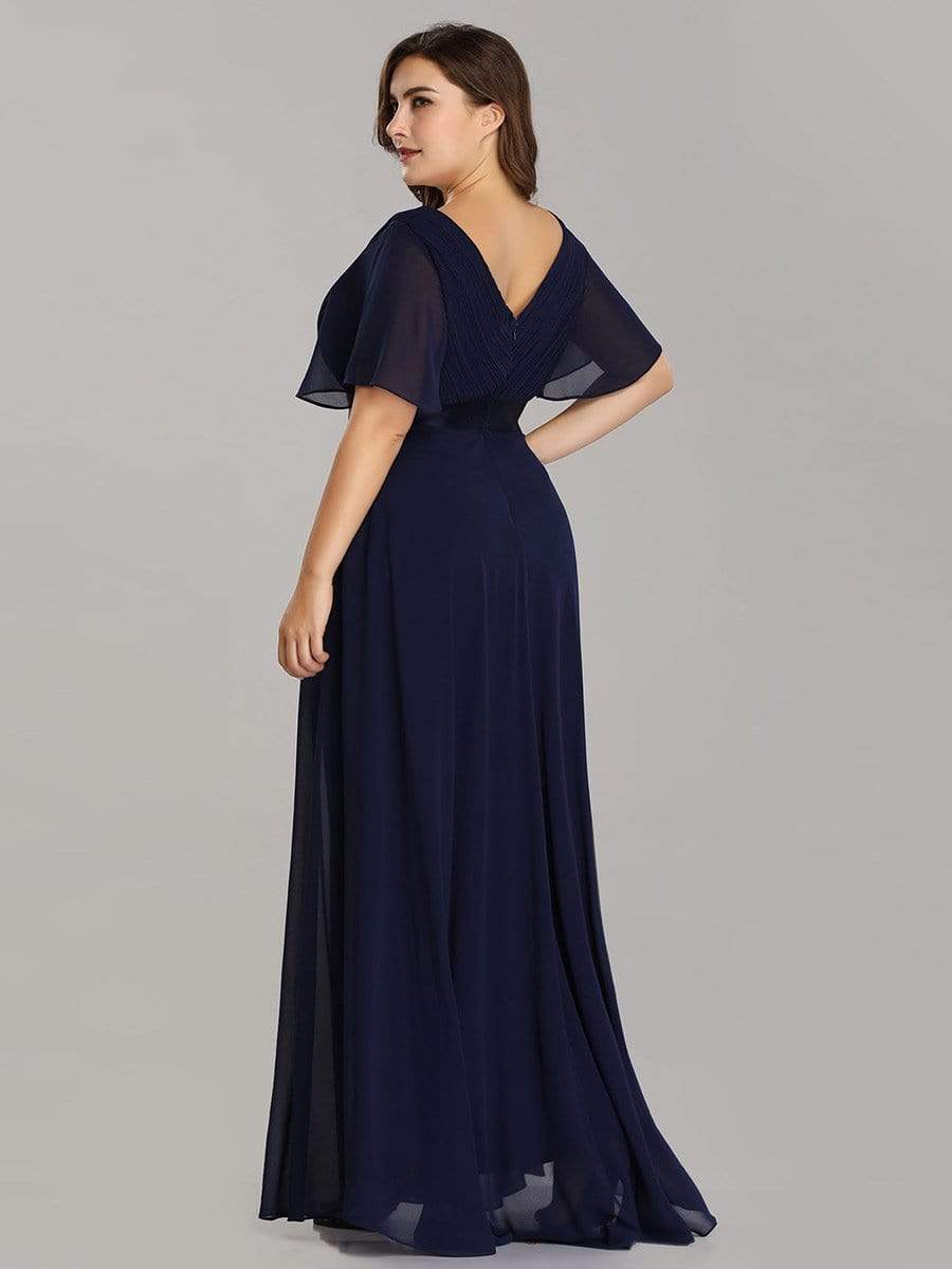 COLOR=Navy Blue | Long Empire Waist Evening Dress With Short Flutter Sleeves-Navy Blue 8