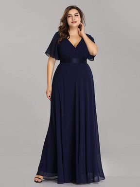 COLOR=Navy Blue | Long Empire Waist Evening Dress With Short Flutter Sleeves-Navy Blue 7