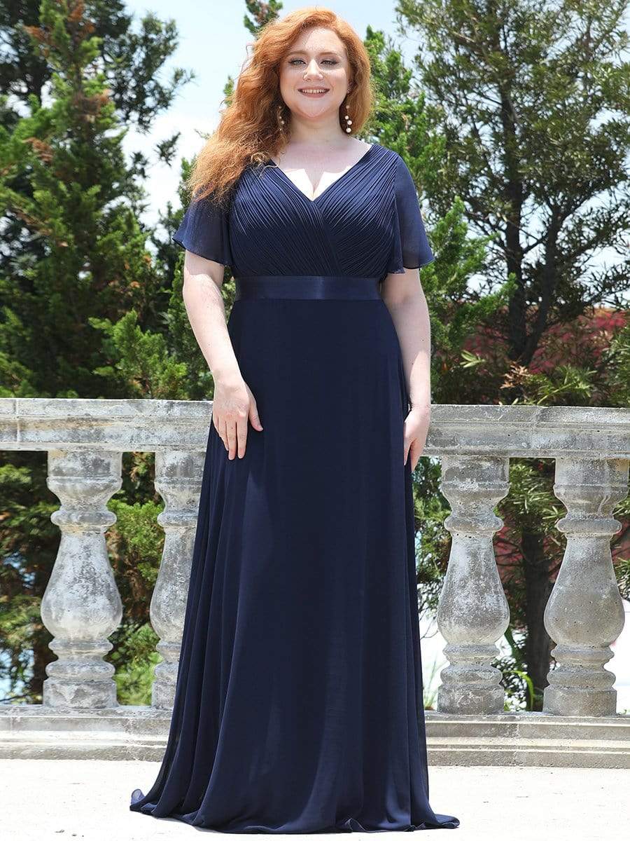 COLOR=Navy Blue | Plus Size Long Empire Waist Evening Dress With Short Flutter Sleeves-Navy Blue 1