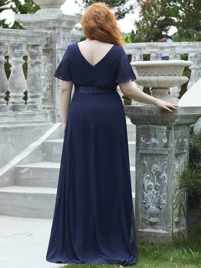 COLOR=Navy Blue | Plus Size Long Empire Waist Evening Dress With Short Flutter Sleeves-Navy Blue 2
