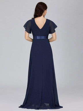 COLOR=Navy Blue | Long Empire Waist Evening Dress With Short Flutter Sleeves-Navy Blue 3