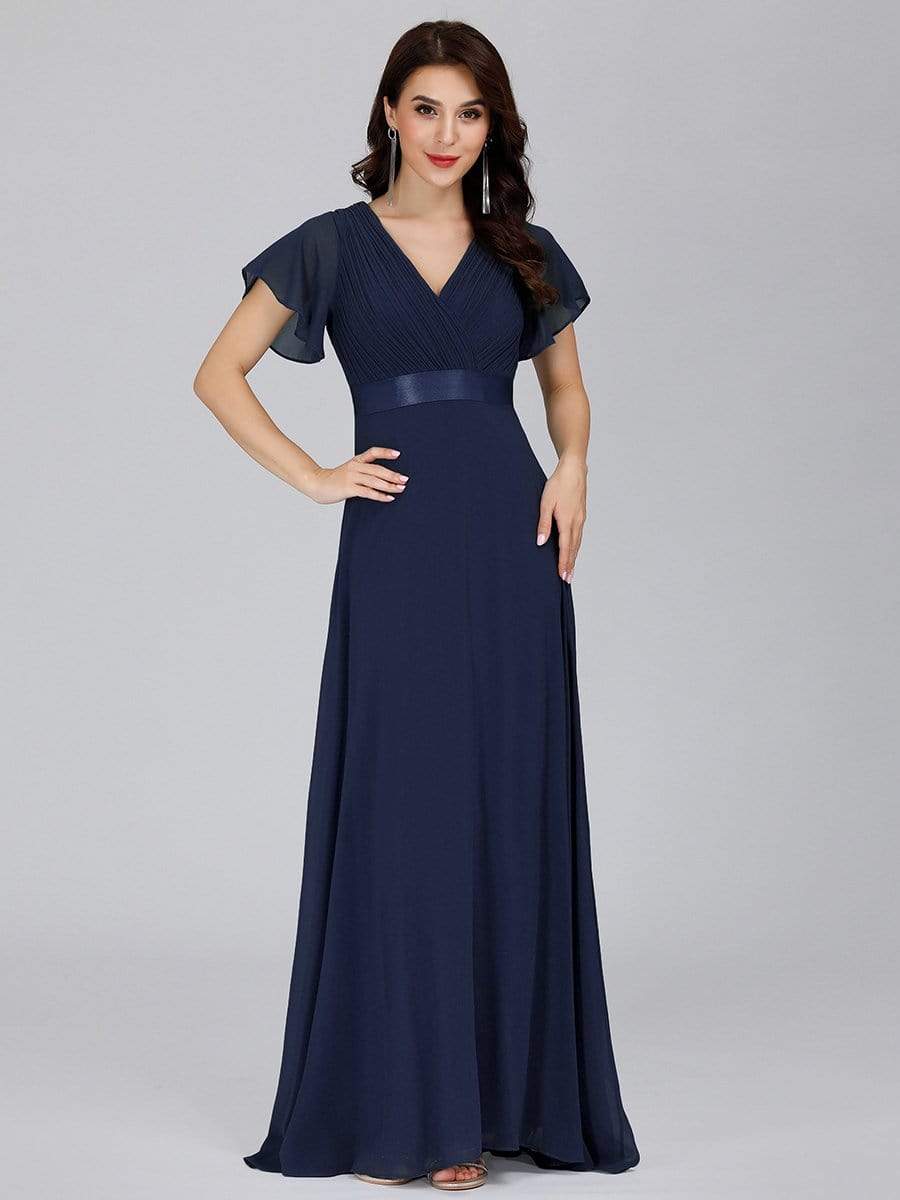 COLOR=Navy Blue | Long Empire Waist Evening Dress With Short Flutter Sleeves-Navy Blue 1