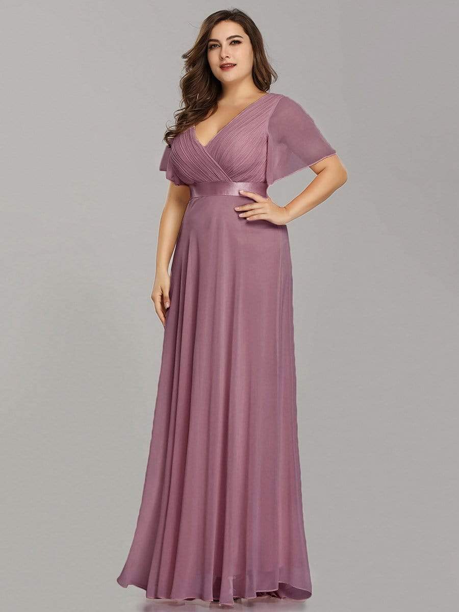 COLOR=Purple Orchid | Plus Size Long Empire Waist Evening Dress With Short Flutter Sleeves-Purple Orchid 3