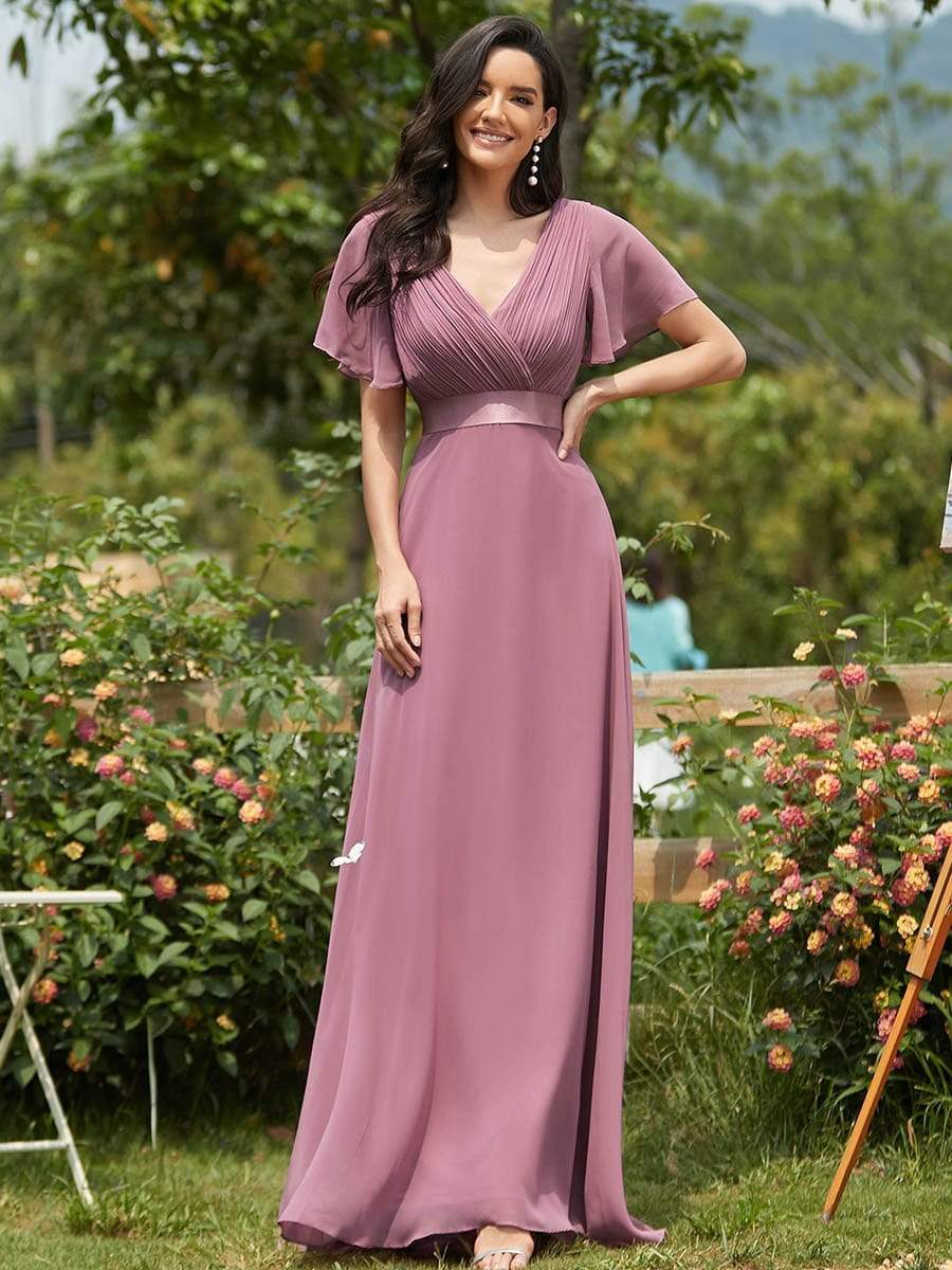 COLOR=Purple Orchid | Long Empire Waist Evening Dress With Short Flutter Sleeves-Purple Orchid 1