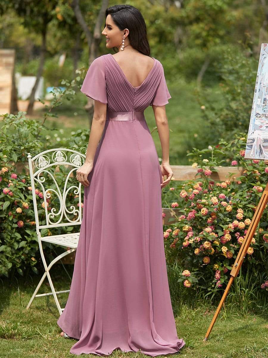 COLOR=Purple Orchid | Long Empire Waist Evening Dress With Short Flutter Sleeves-Purple Orchid 2
