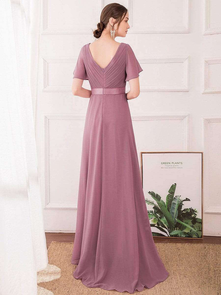 COLOR=Purple Orchid | Long Empire Waist Evening Dress With Short Flutter Sleeves-Purple Orchid 7