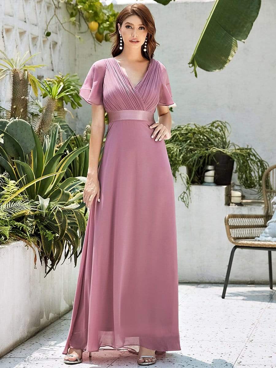 COLOR=Purple Orchid | Long Empire Waist Evening Dress With Short Flutter Sleeves-Purple Orchid 3