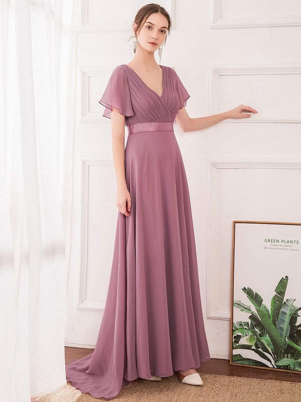 Flutter Sleeves A-line Empire Waist Long Chiffon Dreses Fuchsia