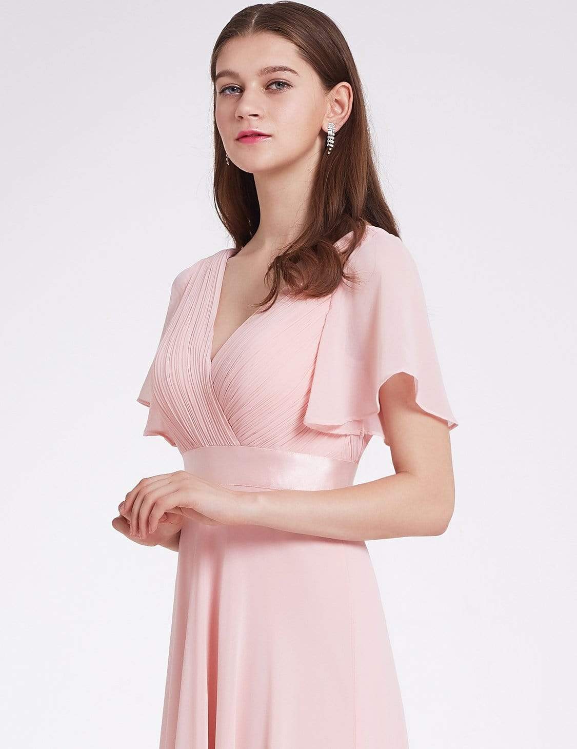 COLOR=Pink | Long Empire Waist Evening Dress With Short Flutter Sleeves-Pink 5