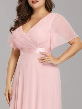 COLOR=Pink | Long Empire Waist Evening Dress With Short Flutter Sleeves-Pink 8