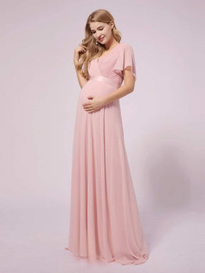 Color=Pink | Simple Chiffon Maternity Dress with Flutter Sleeves-Pink 4