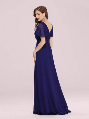 Color=Royal Blue | Long Empire Waist Evening Dress With Short Flutter Sleeves-Royal Blue 4