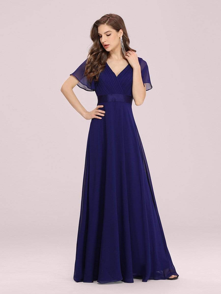 Color=Royal Blue | Long Empire Waist Evening Dress With Short Flutter Sleeves-Royal Blue 6