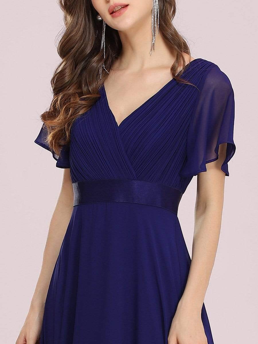 Color=Royal Blue | Long Empire Waist Evening Dress With Short Flutter Sleeves-Royal Blue 5