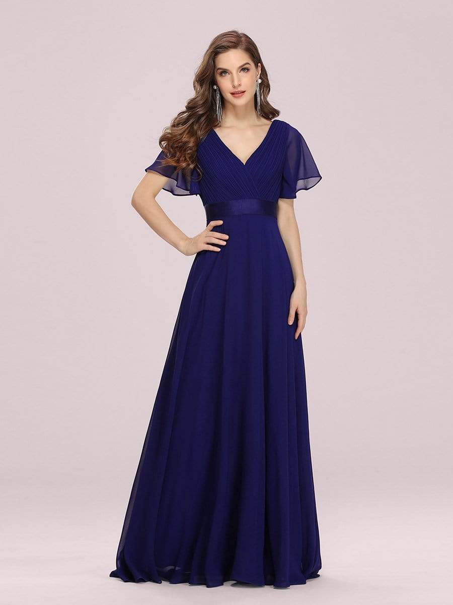 Color=Royal Blue | Long Empire Waist Evening Dress With Short Flutter Sleeves-Royal Blue 3