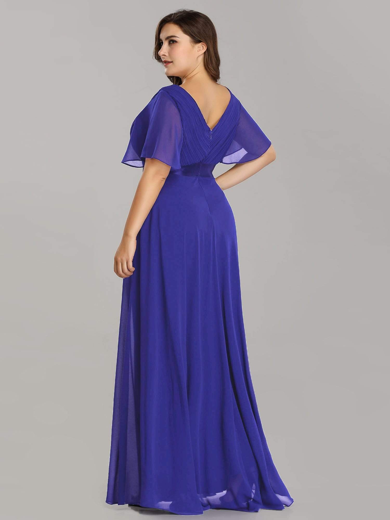 COLOR=Sapphire Blue | Plus Size Long Empire Waist Evening Dress With Short Flutter Sleeves-Sapphire Blue 2