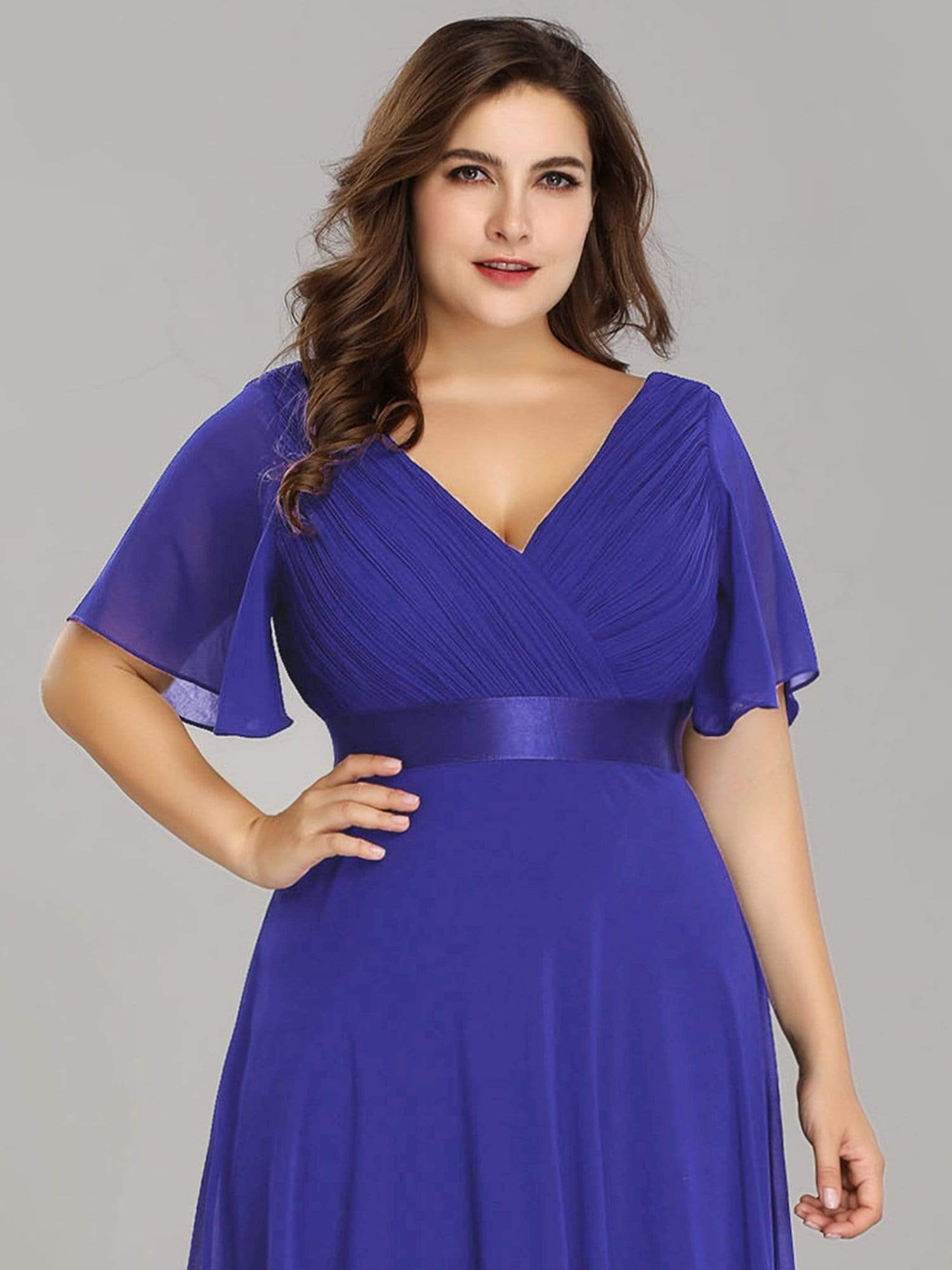 COLOR=Sapphire Blue | Plus Size Long Empire Waist Evening Dress With Short Flutter Sleeves-Sapphire Blue 4