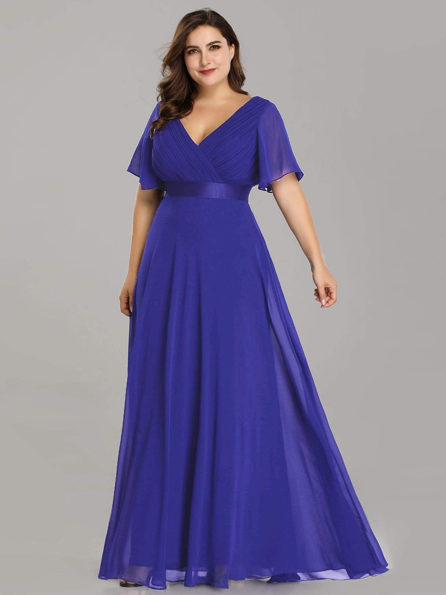 COLOR=Sapphire Blue | Plus Size Long Empire Waist Evening Dress With Short Flutter Sleeves-Sapphire Blue 1