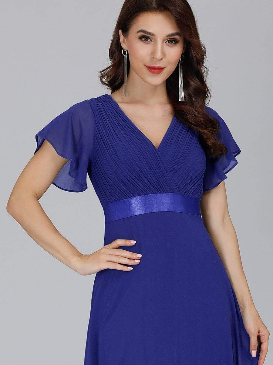COLOR=Sapphire Blue | Long Empire Waist Evening Dress With Short Flutter Sleeves-Sapphire Blue 5