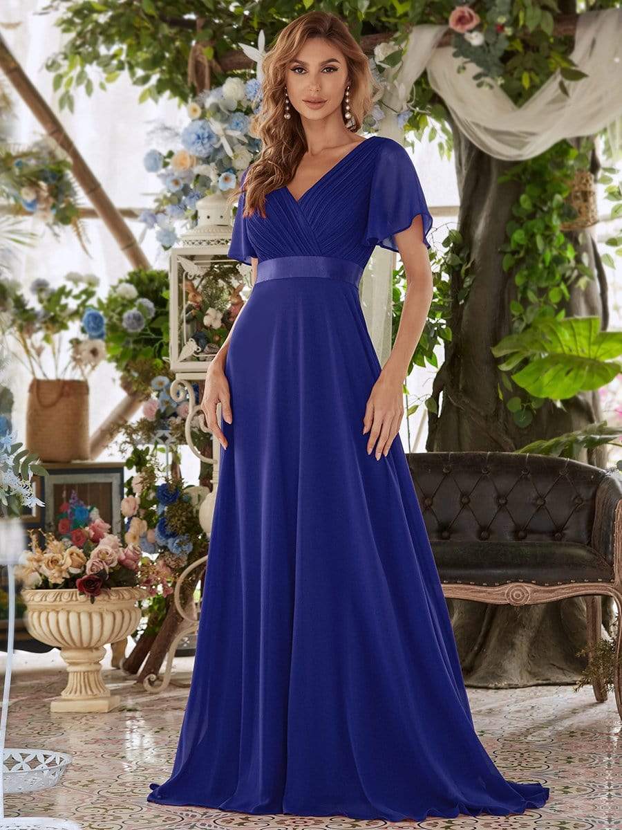 COLOR=Sapphire Blue | Long Empire Waist Evening Dress With Short Flutter Sleeves-Sapphire Blue 1