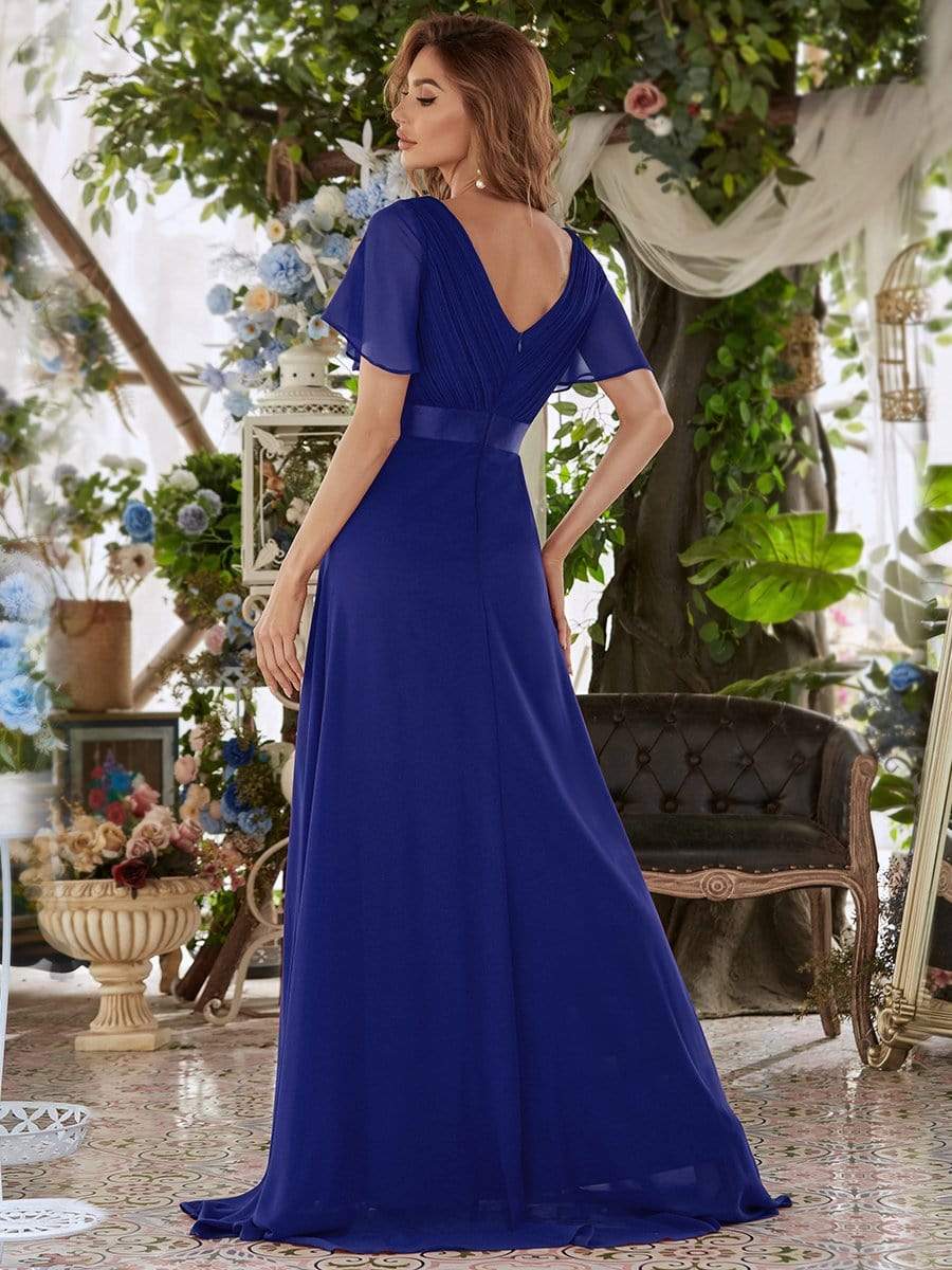 COLOR=Sapphire Blue | Long Empire Waist Evening Dress With Short Flutter Sleeves-Sapphire Blue 2