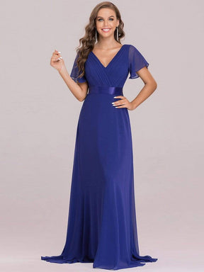 COLOR=Sapphire Blue | Long Empire Waist Evening Dress With Short Flutter Sleeves-Sapphire Blue 3