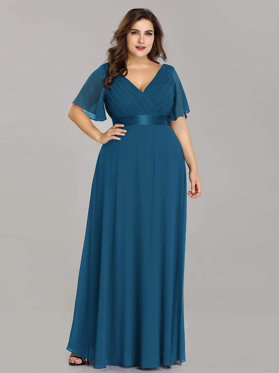COLOR=Teal | Plus Size Long Empire Waist Evening Dress With Short Flutter Sleeves-Teal 3