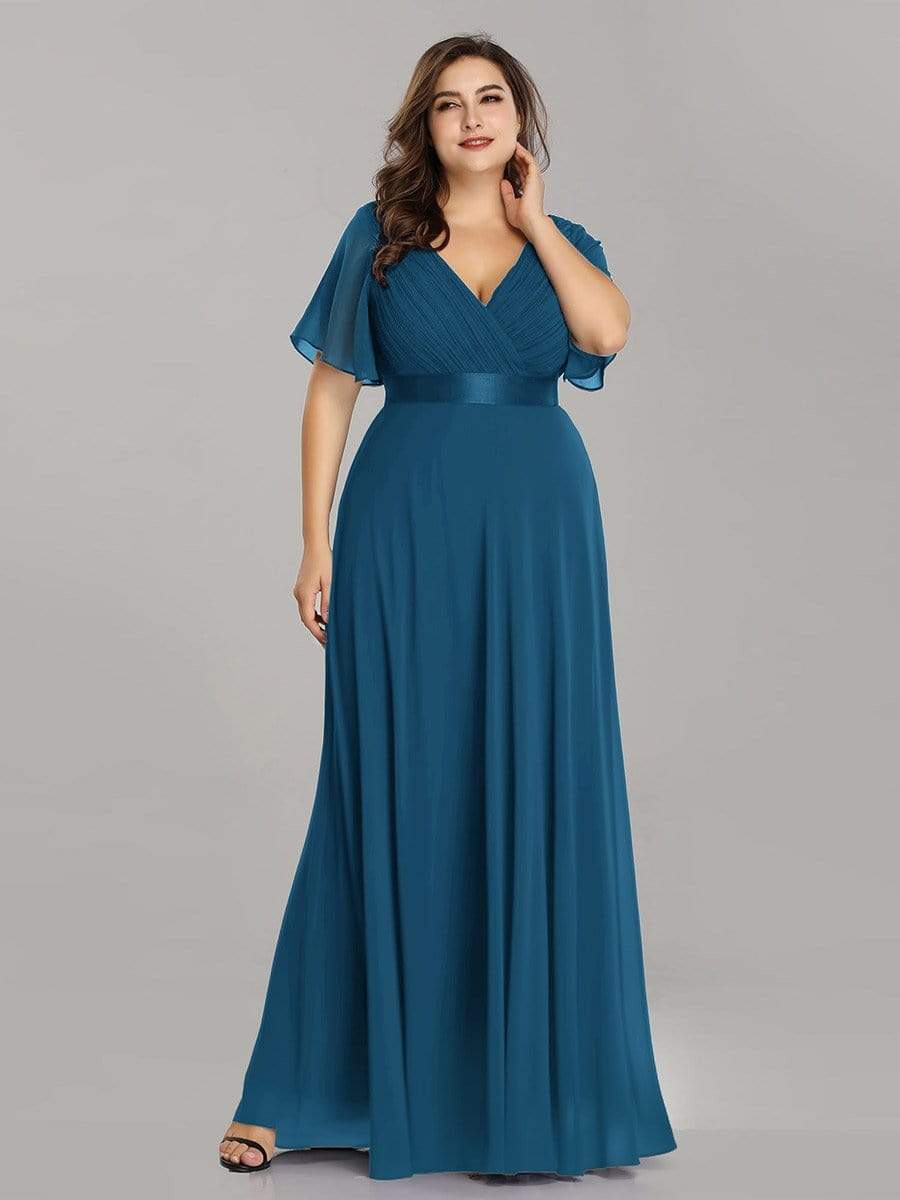 COLOR=Teal | Plus Size Long Empire Waist Evening Dress With Short Flutter Sleeves-Teal 4