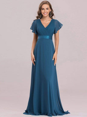 Color=Teal | Long Empire Waist Evening Dress With Short Flutter Sleeves-Teal 6