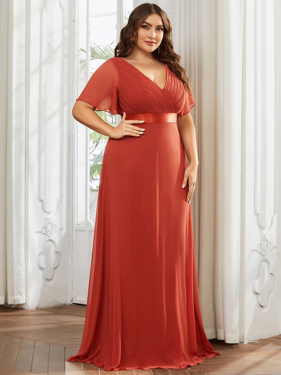 High Waist Short Sleeves Bridesmaid Dress #color_Vermilion