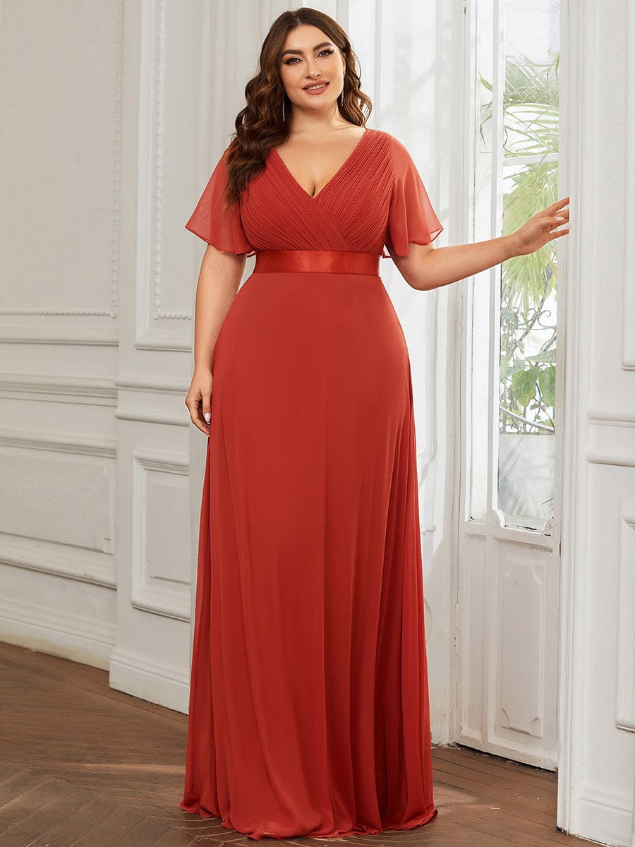 High Waist Short Sleeves Bridesmaid Dress #color_Vermilion