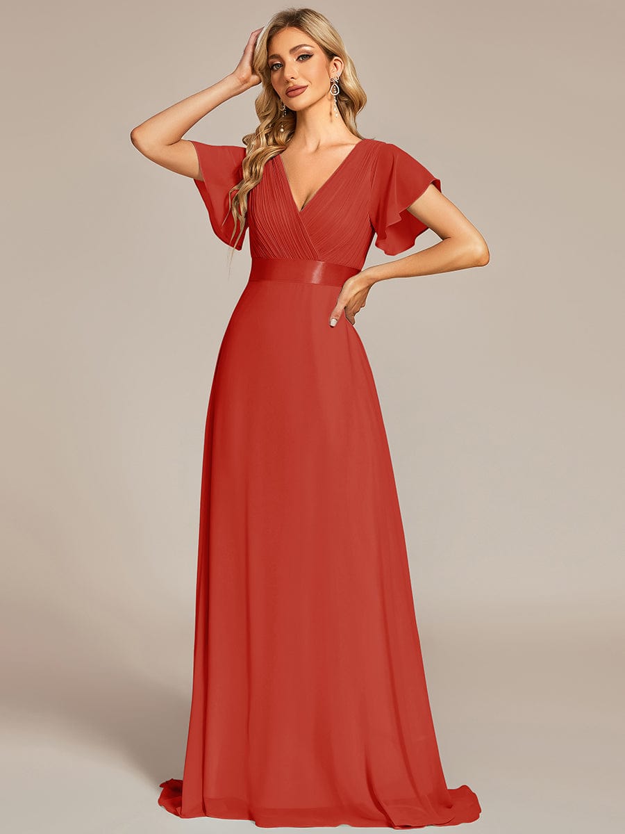 High Waist Short Sleeves Bridesmaid Dress #color_Vermilion