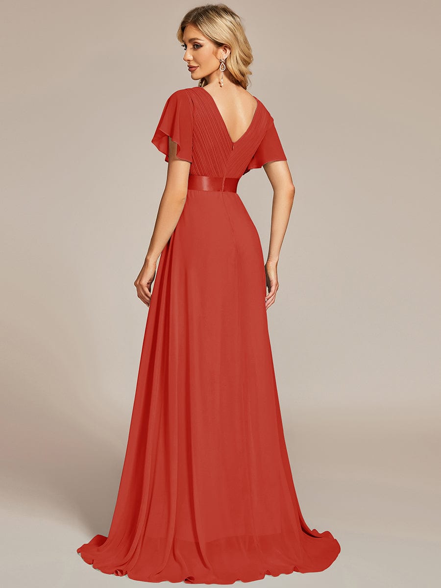 High Waist Short Sleeves Bridesmaid Dress #color_Vermilion