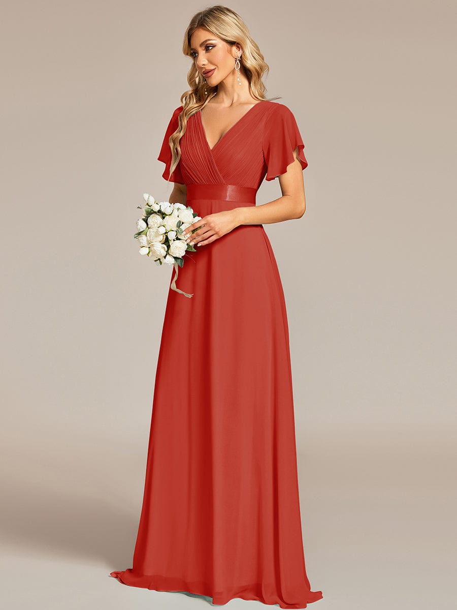 High Waist Short Sleeves Bridesmaid Dress #color_Vermilion