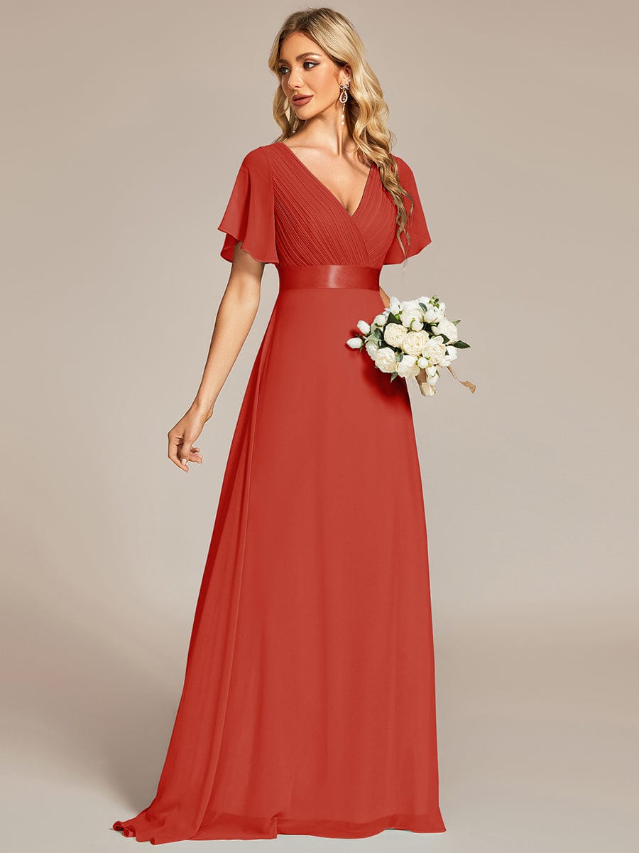 High Waist Short Sleeves Bridesmaid Dress #color_Vermilion