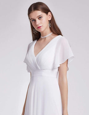 COLOR=White | Long Empire Waist Evening Dress With Short Flutter Sleeves-White 5